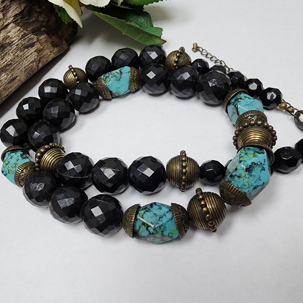Vintage Boho Chunky Necklace With Bronze, Black and Faux Turquoise Beads